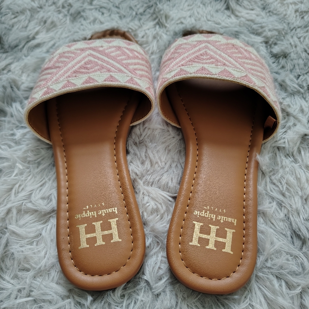 *NWOT* Haute Hippie Women's Size 7.5 Pink White Tan Slip-on Sandals Knit Design - Picture 7 of 12